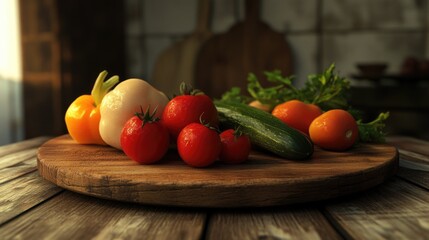 Wooden Cutting Board with Tomatoes and Cucumbers