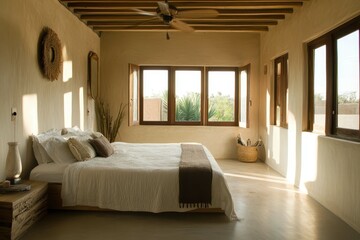 Modern bedroom with natural light and minimalistic decor in a serene location, featuring large windows and a calming ambiance