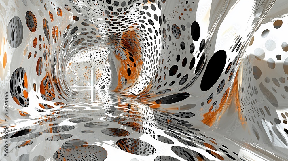 Poster abstract futuristic tunnel with perforated walls and reflective floor.