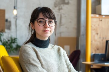 Profile portrait of cheerful intelligent web designer person sit chair create project workplace open space indoors, Generative AI