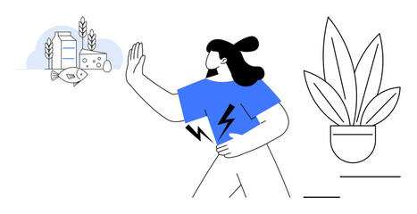 Woman with stomach pain gesturing to reject dairy, fish, cheese, wheat houseplant beside. Ideal for allergy awareness, health, nutrition, diet wellness self-care chronic illness. Simple line art