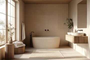 A Scandinavian bathroom highlighting light wood elements, a neutral color palette, and functional design. Embrace clean lines, simple fixtures, and abundant natural light.