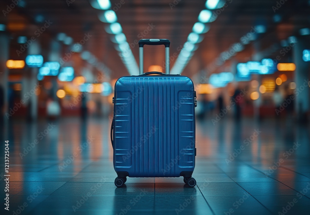 Poster blue suitcase standing alone in an empty airport terminal with soft blurry background and illuminate