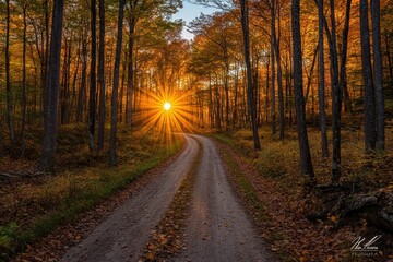 Obraz premium Autumn sunburst through forest road