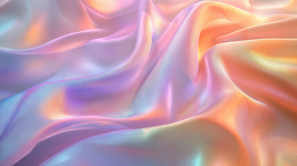 Obraz premium A flowing sea of holographic fabric, glowing with rainbow pastels and soft golden tones, rich folds and reflections catching soft twilight hues