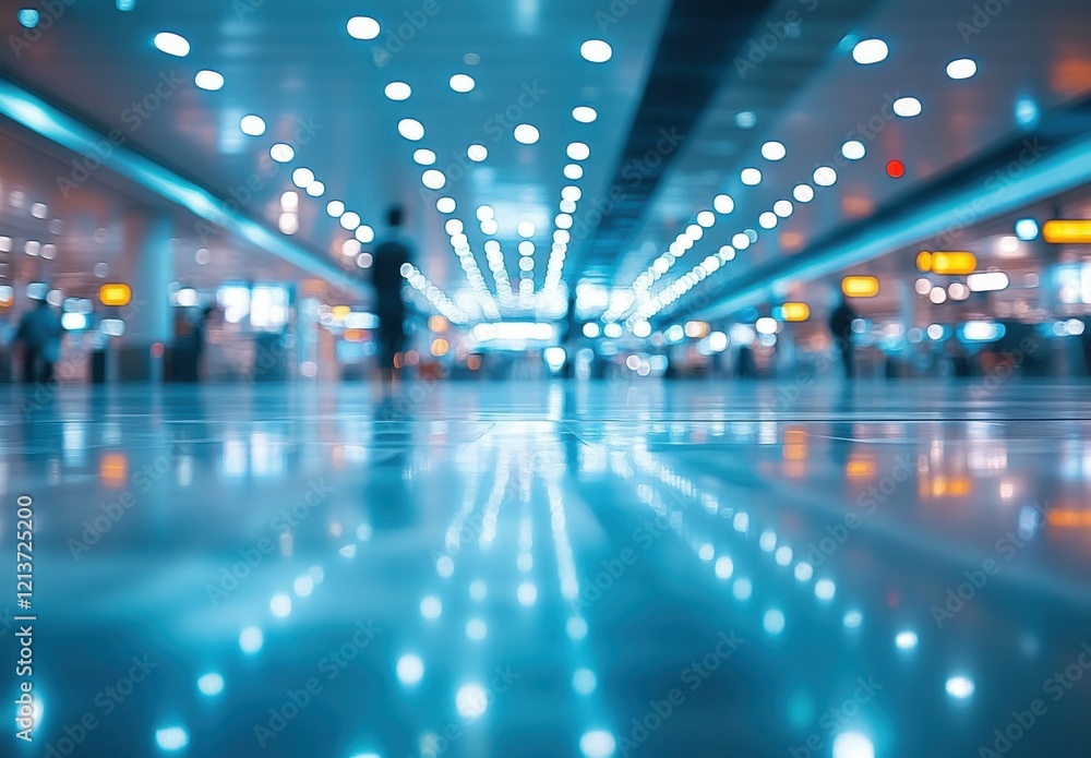 Poster blurry perspective of an airport terminal with reflected floor and soft lighting creating a dreamy a