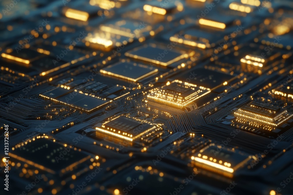 Poster detailed view of illuminated computer chips on a circuit board at night showcasing advanced technolo
