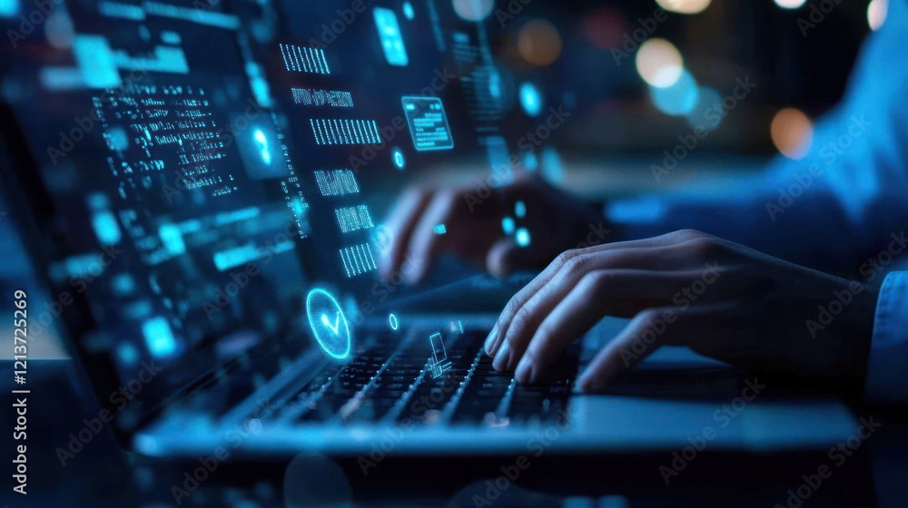 Poster programmer coding late, city night, data streams, software