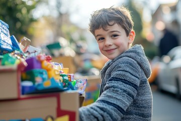 Young boy joyfully pushes a cart filled with colorful toys on a sunny street adorned with autumn leaves