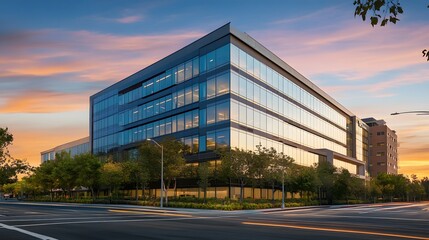 Office building glowing in golden dusk light, framed by urban skyline, evoking a sense of modern ambition and quiet reflection