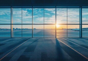 Naklejka premium Breathtaking Sunrise View Through Airport Terminal Windows with Airplanes Parking on Tarmac and Clouds Above for Travel Inspiration and Architectural Design