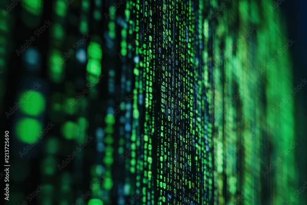 Poster digital rain with green binary code cascading down a screen in a technological environment