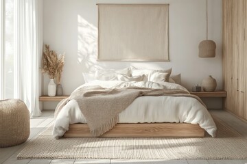 Fototapeta premium A Scandinavian bedroom highlighting light wood elements, a neutral color palette, and functional design. Embrace clean lines, simple fixtures, and abundant natural light