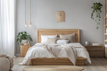 A Scandinavian bedroom highlighting light wood elements, a neutral color palette, and functional design. Embrace clean lines, simple fixtures, and abundant natural light. 