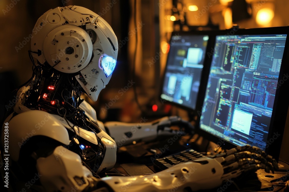 Poster advanced robot interacting with multiple computer screens in a dimly lit workspace