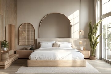 A Scandinavian bedroom highlighting light wood elements, a neutral color palette, and functional design. Embrace clean lines, simple fixtures, and abundant natural light