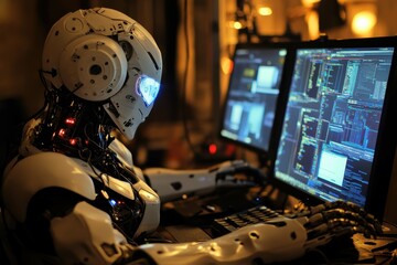 Obraz premium Advanced robot interacting with multiple computer screens in a dimly lit workspace