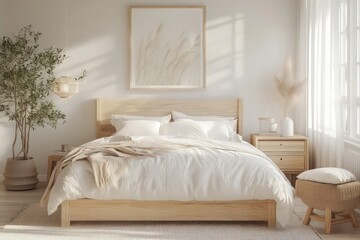 A Scandinavian bedroom highlighting light wood elements, a neutral color palette, and functional design. Embrace clean lines, simple fixtures, and abundant natural light. 
