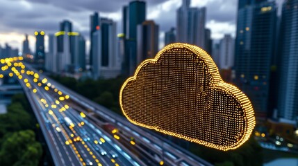 Glowing Digital Cloud over City at Night: Representing Modern Technology and Global Connectivity