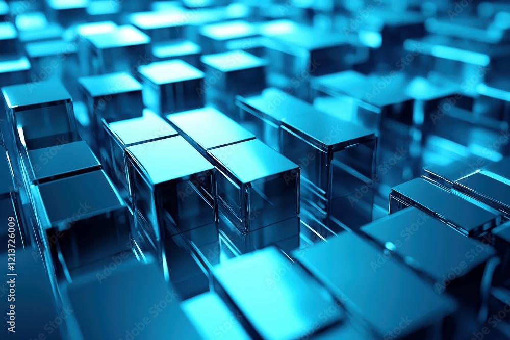 Poster Abstract blue block structure with reflections creating an immersive digital environment