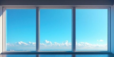 Bright and Airy Interior Space Featuring Large Windows with Panoramic View of Clear Blue Sky and Fluffy Clouds, Evoking a Sense of Freedom and Serenity in Modern Architecture