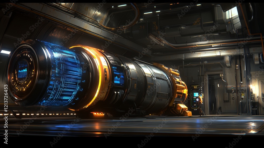 Poster futuristic tech container unveiled in sci-fi laboratory high-tech environment dynamic perspective in