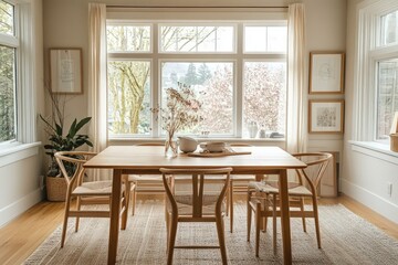 A Scandinavian dining room highlighting light wood elements, a neutral color palette, and functional design. Embrace clean lines, simple fixtures