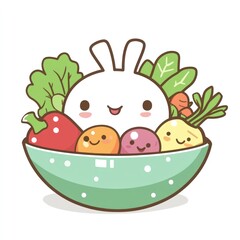 White rabbit character in green bowl with veggies, sitting on white background, ideal for use in ads