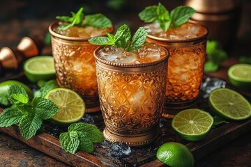 Iced mint cocktails in copper mugs on a tray with limes