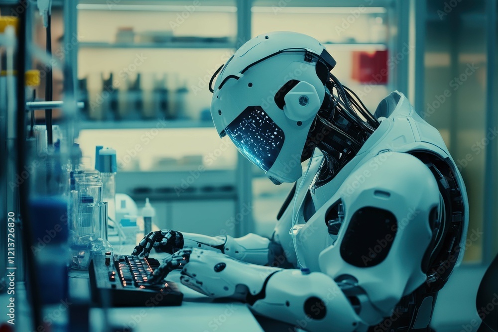 Poster robot working diligently in a high-tech laboratory, focused on a keyboard and surrounded by scientif