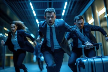 Business professionals in dark hallway rushing with luggage during an urgent situation