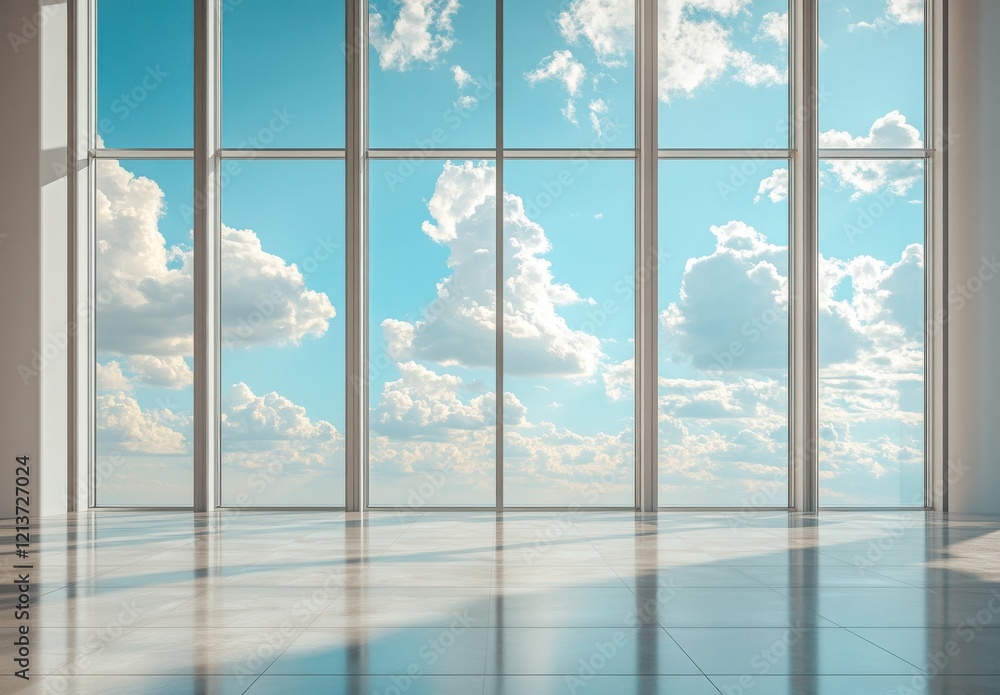 Poster bright and spacious interior with large windows showcasing a beautiful sky and clouds, ideal for mod