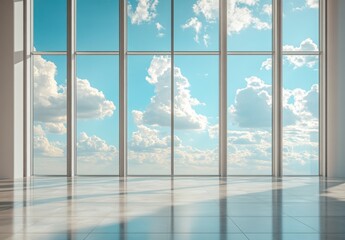 Bright and Spacious Interior with Large Windows Showcasing a Beautiful Sky and Clouds, Ideal for Modern Architecture and Design Concepts