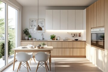 A Scandinavian kitchen highlighting light wood elements, a neutral color palette, and functional design. Embrace clean lines, simple fixtures