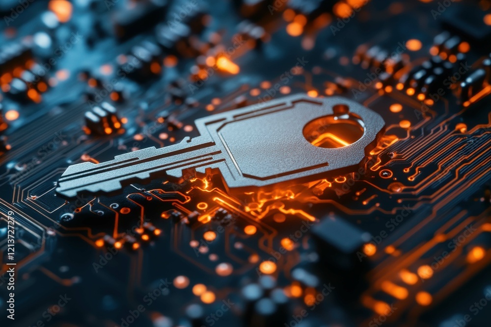 Poster digital key over circuit board illustrating cybersecurity and technology concepts