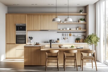 A Scandinavian kitchen highlighting light wood elements, a neutral color palette, and functional design. Embrace clean lines, simple fixture