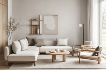 Naklejka premium A Scandinavian living room highlighting light wood elements, a neutral color palette, and functional design. Embrace clean lines, simple fixtures,