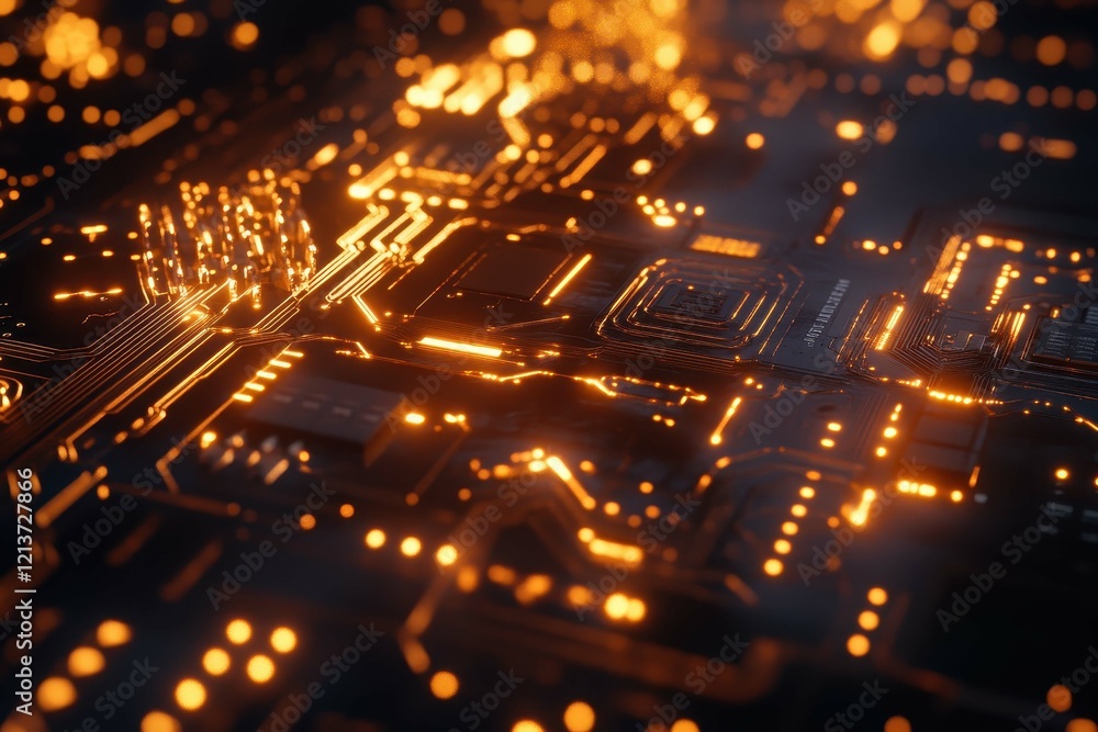 Poster close-up view of glowing circuit board showcasing intricate pathways and connections in a dark envir
