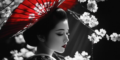 Woman with red umbrella under tree