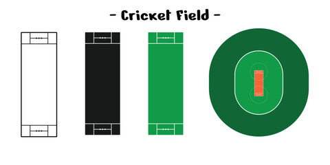set of cricket pitch designs, in outline, solid, and colored, editable vector eps 10.