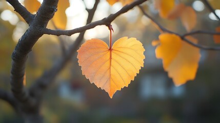 Romantic Heart Shaped Leaf on Autumnal Tree Branch with Warm Tones