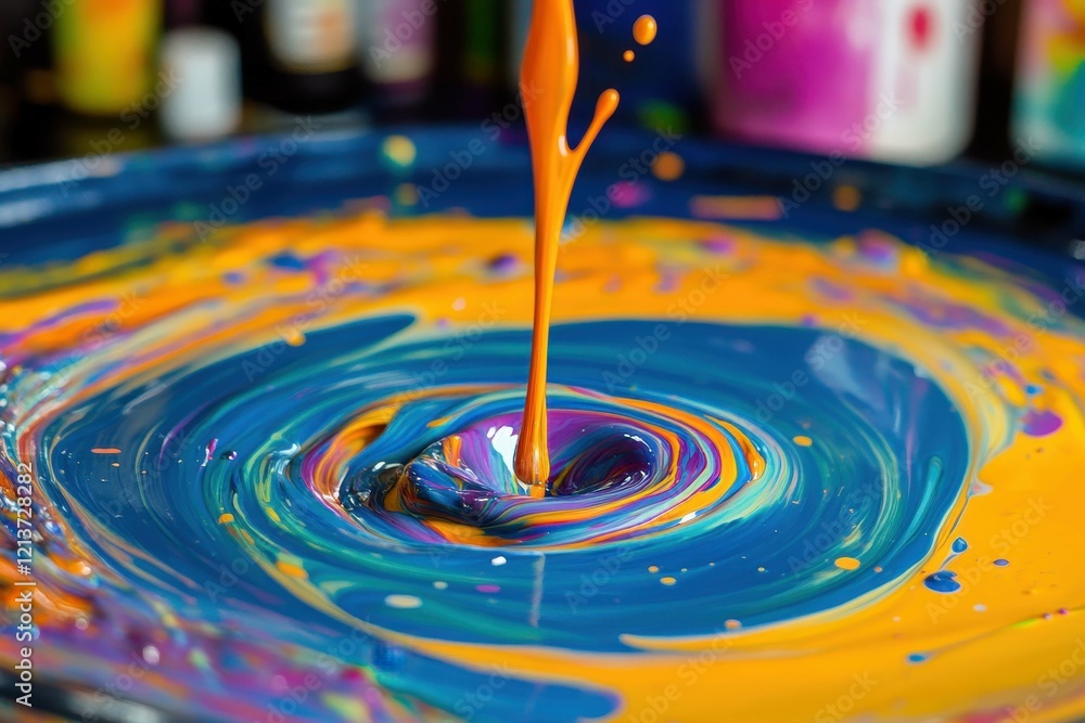 Poster vivid paint colors swirl and blend in a circular motion creating abstract patterns on a round palett