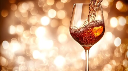 Red wine flowing into a glass, smooth motion, warm tones, inviting atmosphere. Elegance and indulgence in every pour