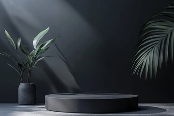 Dark grey cylindrical podium with plants, sunlight.