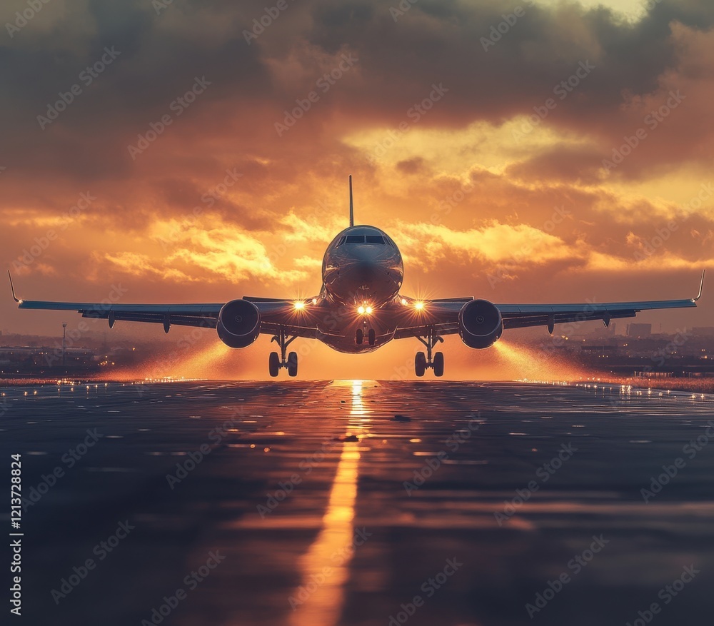 Poster captivating sunset view of an airplane taking off from the runway with dramatic lighting and cloudy 