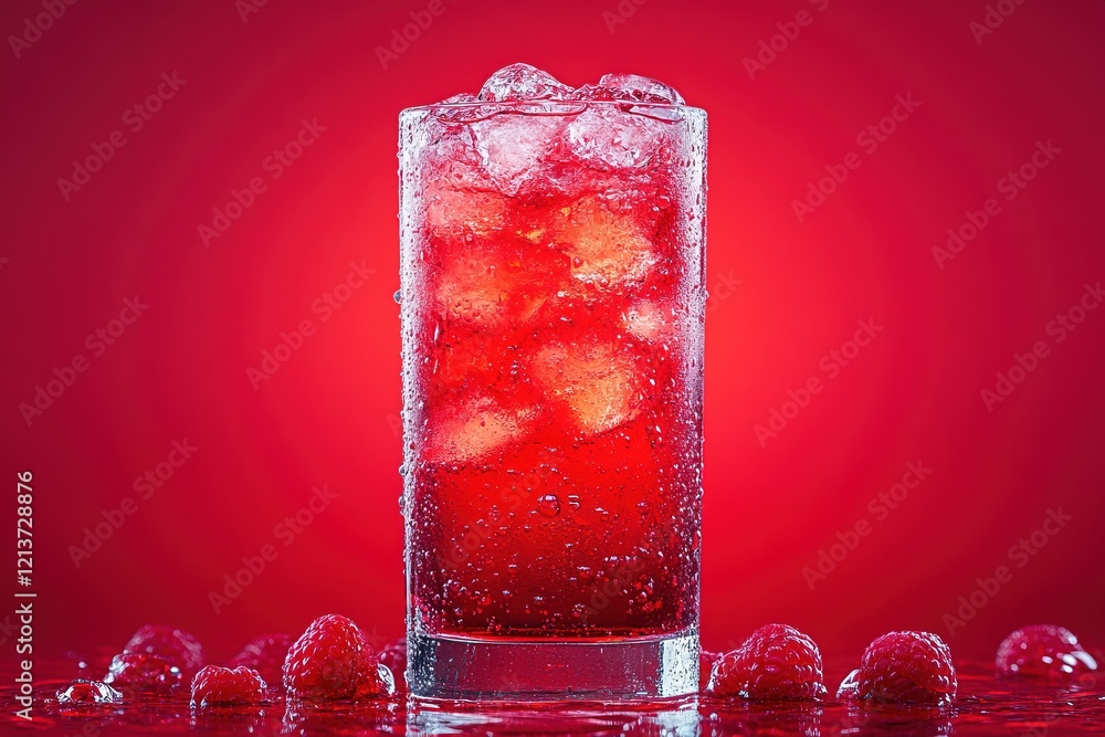 Poster iced raspberry soda with berries on red background