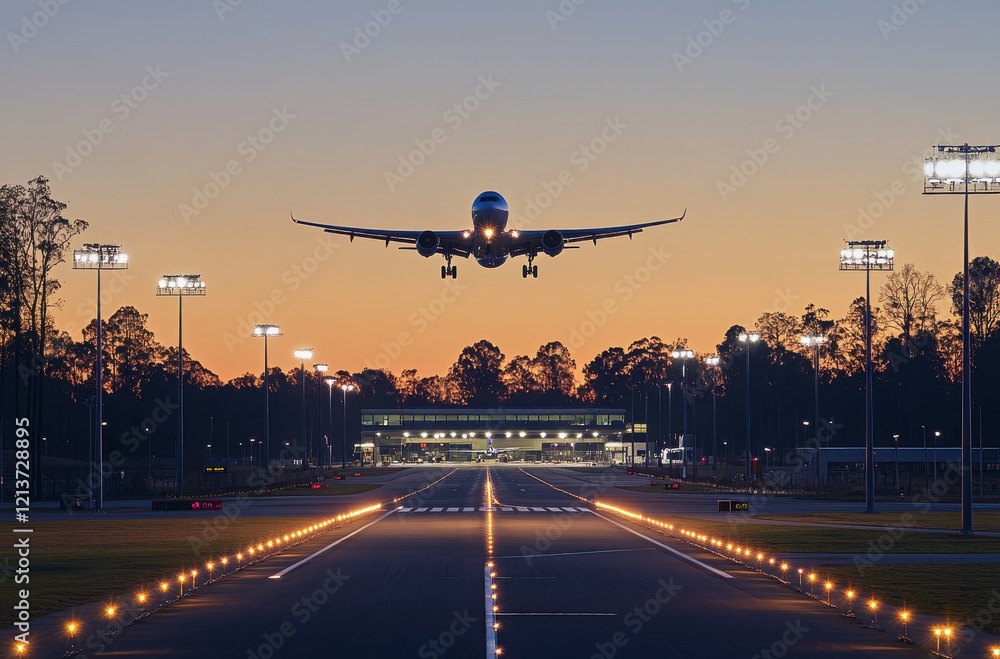 Poster captivating view of an airplane approaching landing on a runway at dusk with softly glowing lights a