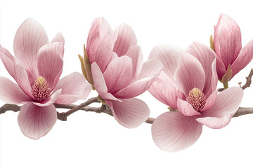 Obraz premium Elegant Pink Magnolia Flowers Isolated on White Background, Perfect PNG Clipart for Transparent or Minimalist Designs