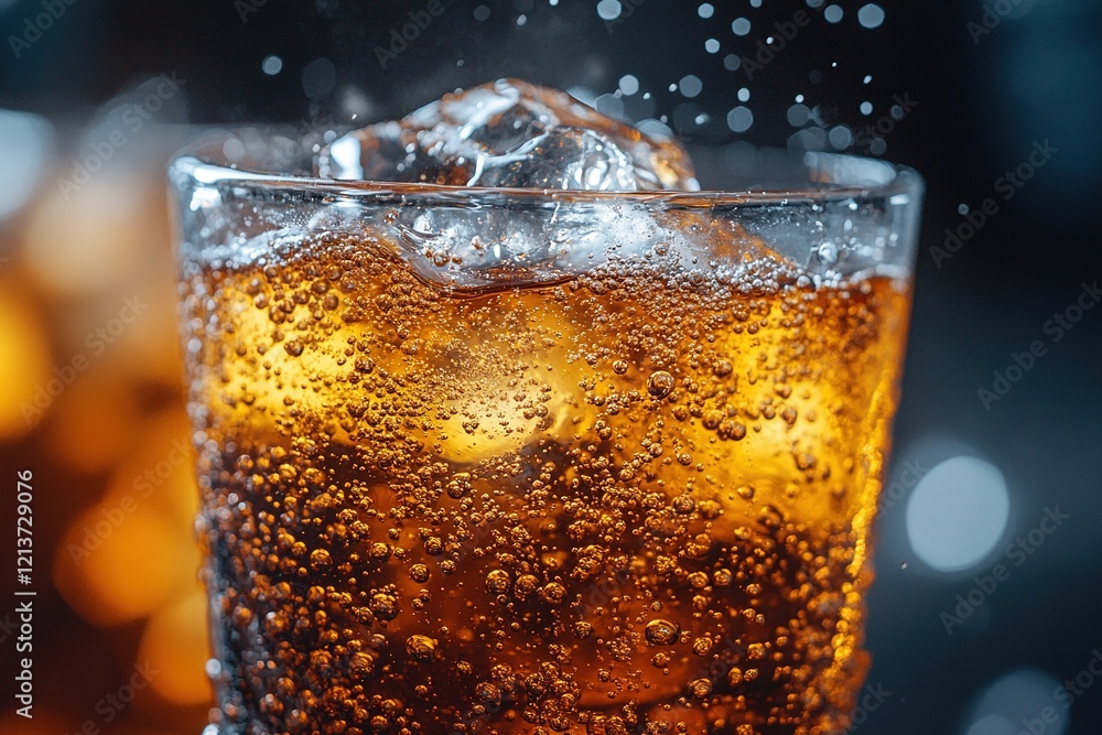 Poster iced soda fizzing in glass with bokeh background