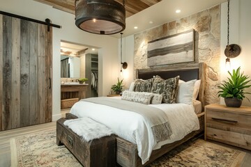 A rustic bedroom featuring reclaimed wood furniture, stone accents, and earthy tones. Incorporate a large bed, vintage lighting fixtures, and cozy textiles. 